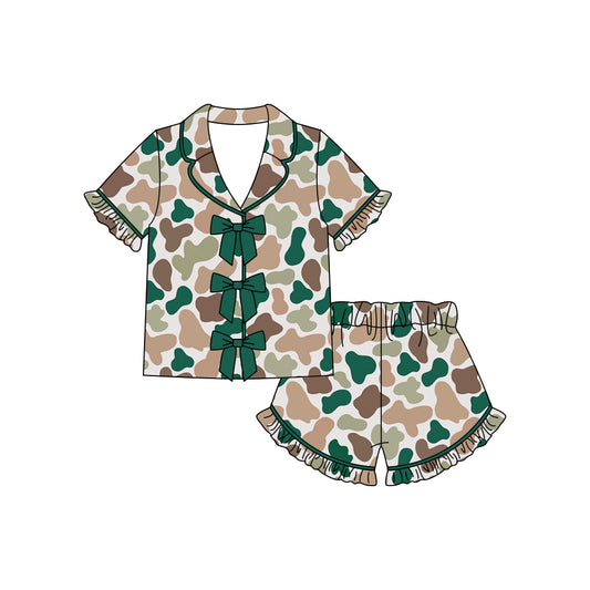 MOQ 5 PCS Preorder GSSO3367 Camouflage Dark Green Bows Polo Short Sleeve Shorts Girls Pajama Sets 202602
