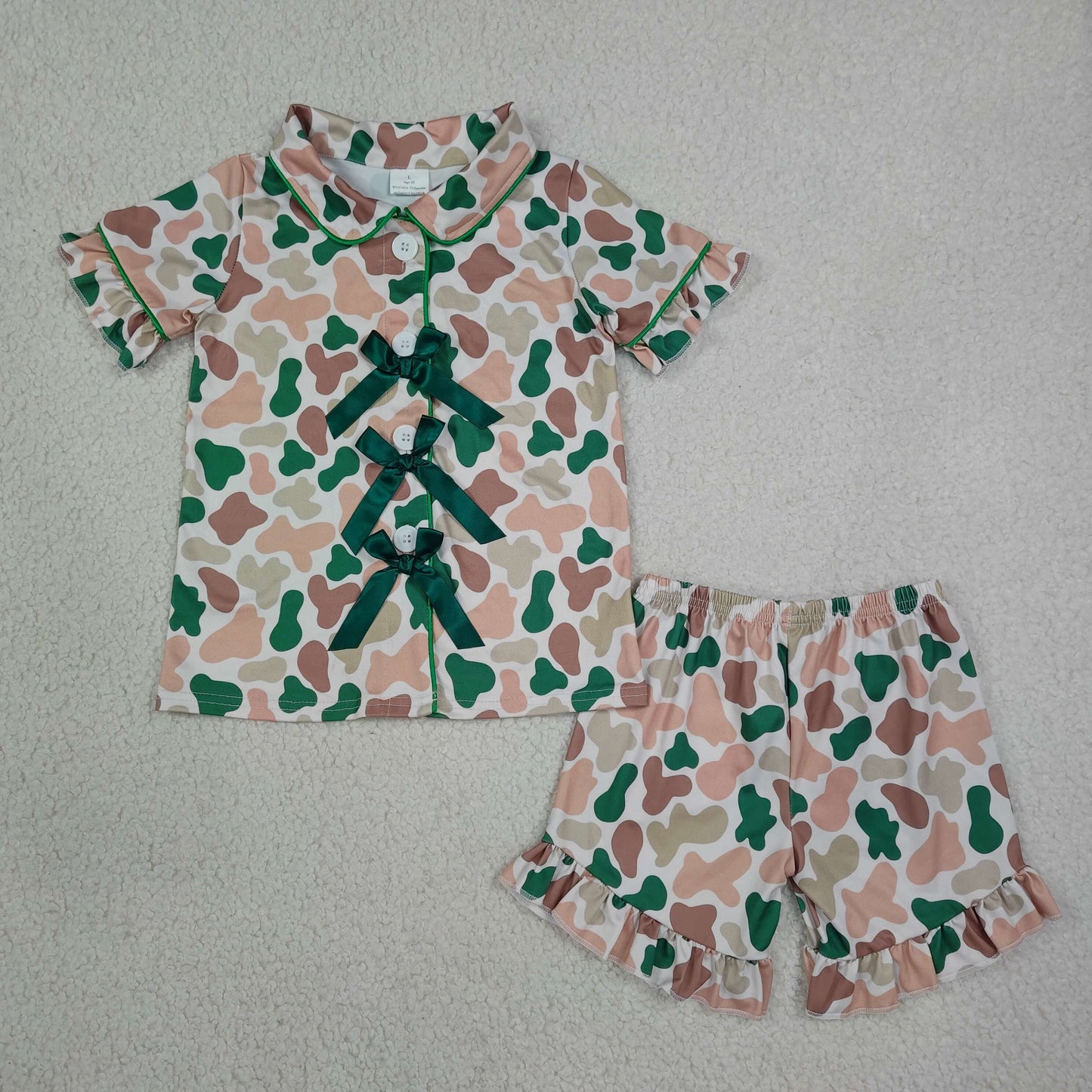 GSSO3367 Camouflage Dark Green Bows Polo Short Sleeve Shorts Girls Pajama Sets 202607 RTS