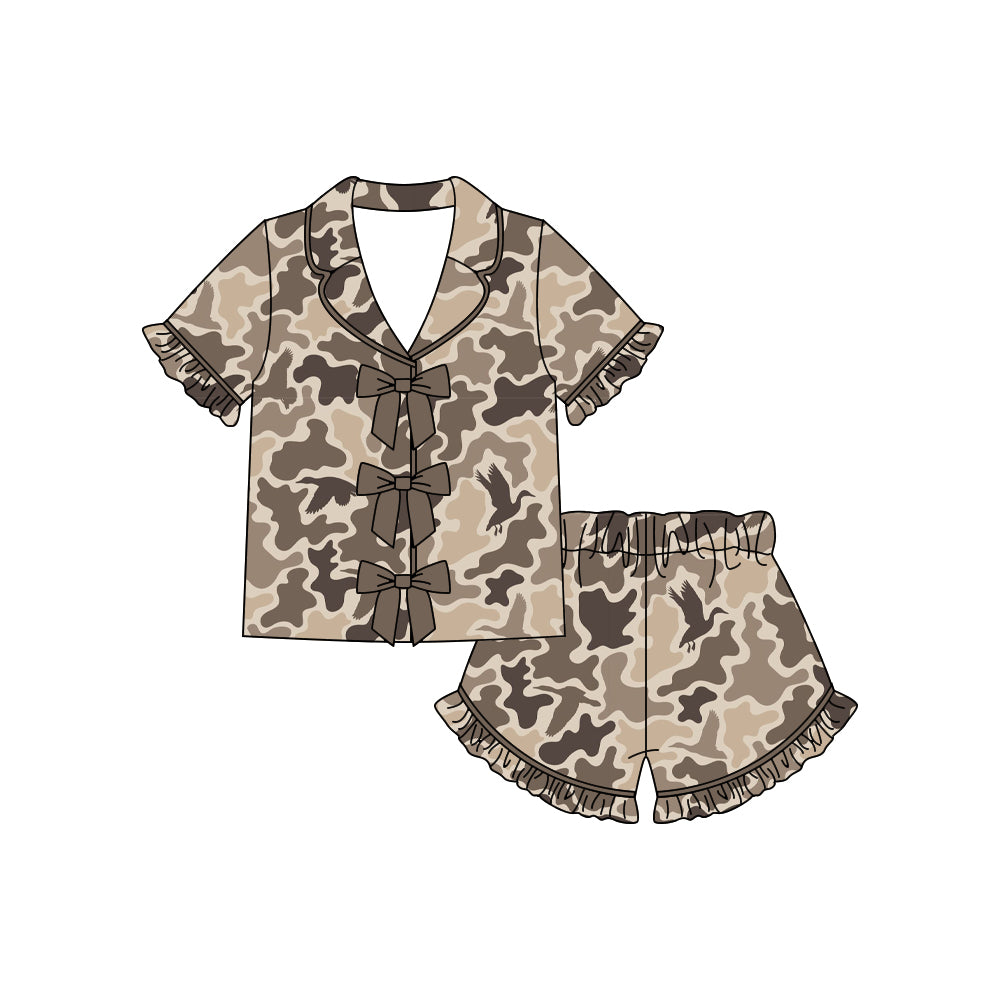 MOQ 5 PCS Preorder GSSO3368 Camouflage Brown Bows Polo Short Sleeve Shorts Girls Pajama Sets 202602
