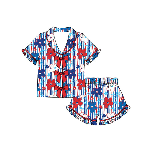 MOQ 5 PCS Preorder GSSO3370 4th of July Red Blue Flower Bows Red Bows Stripe Polo Short Sleeve Shorts Girls Pajama Sets 202602