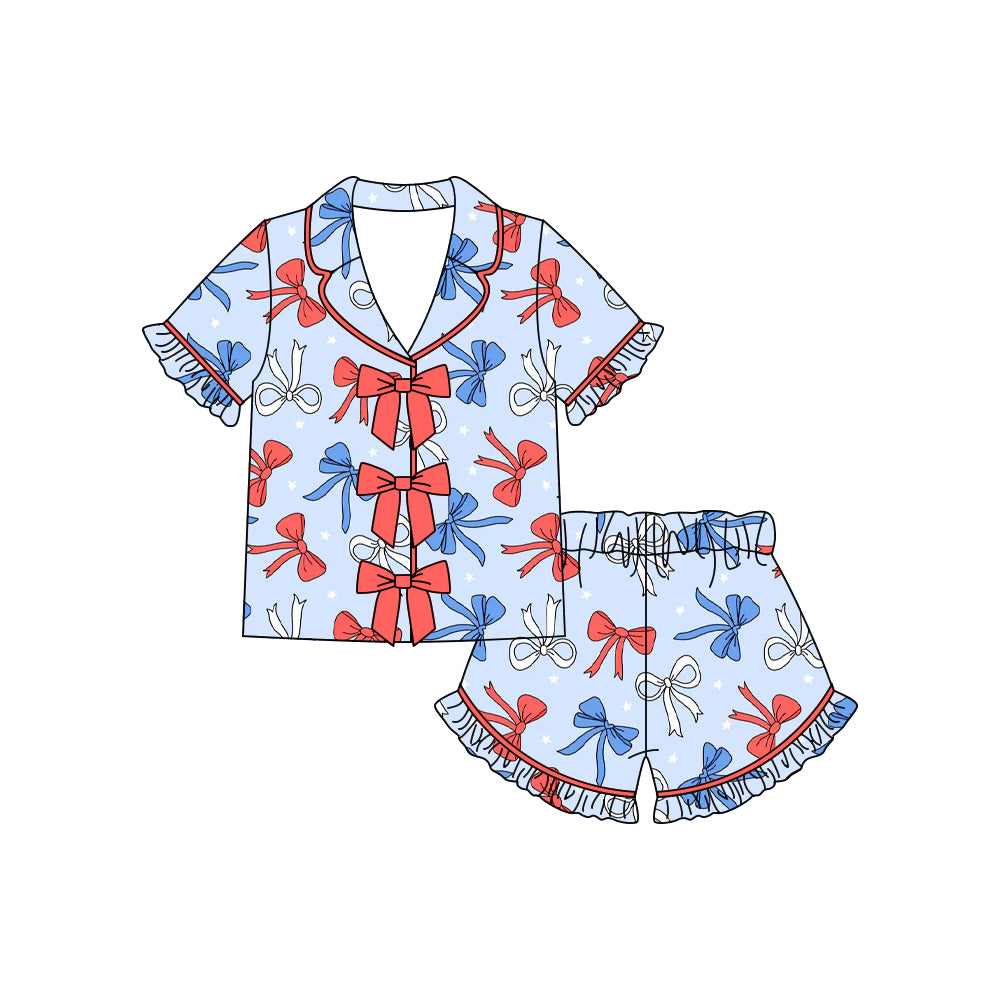 MOQ 5 PCS Preorder GSSO3371 4th of July Red Blue Bows Red Bows Polo Short Sleeve Shorts Girls Pajama Sets 202602
