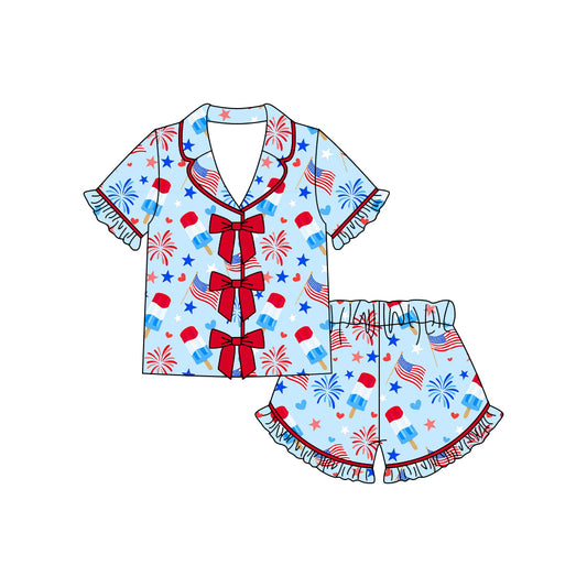 MOQ 5 PCS Preorder GSSO3373 4th of July Red Blue Star Fireworks Flag Ice Cream Red Bows Polo Short Sleeve Shorts Girls Pajama Sets 202602