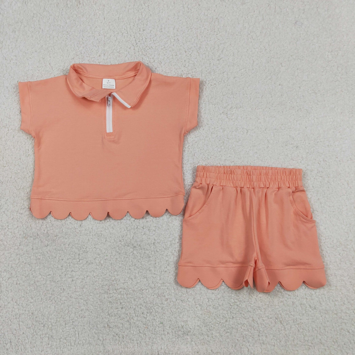 GSSO3374 Solid Orange Zip Collar Short Sleeve Ruffle Shorts Girls Sets 202605 RTS