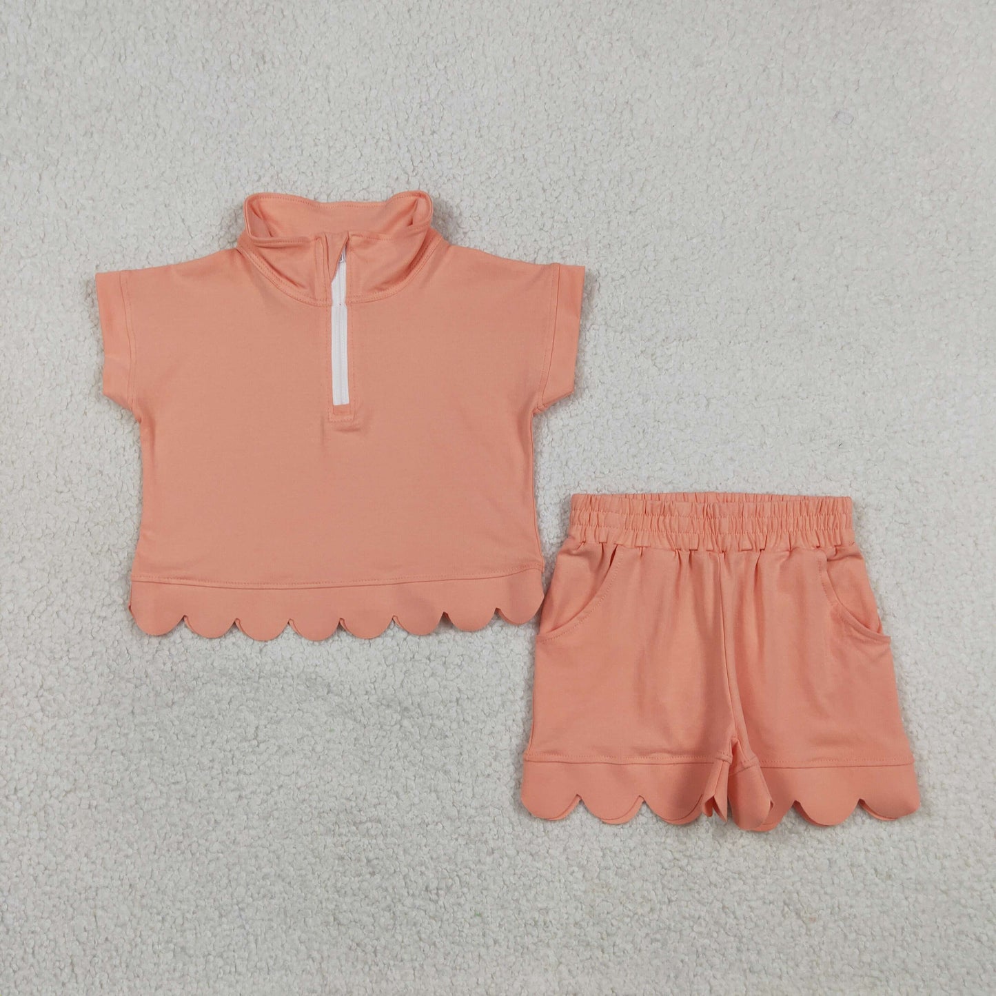 GSSO3374 Solid Orange Zip Collar Short Sleeve Ruffle Shorts Girls Sets 202605 RTS