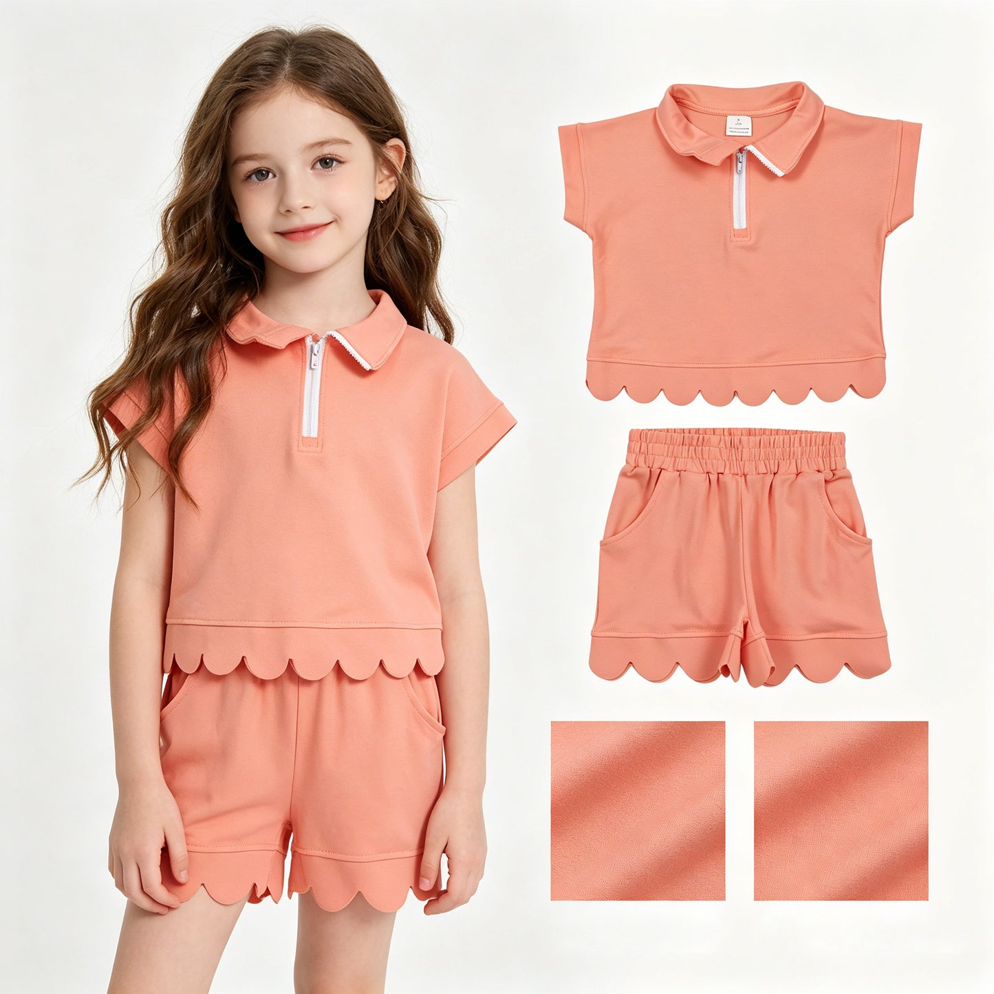 GSSO3374 Solid Orange Zip Collar Short Sleeve Ruffle Shorts Girls Sets 202605 RTS