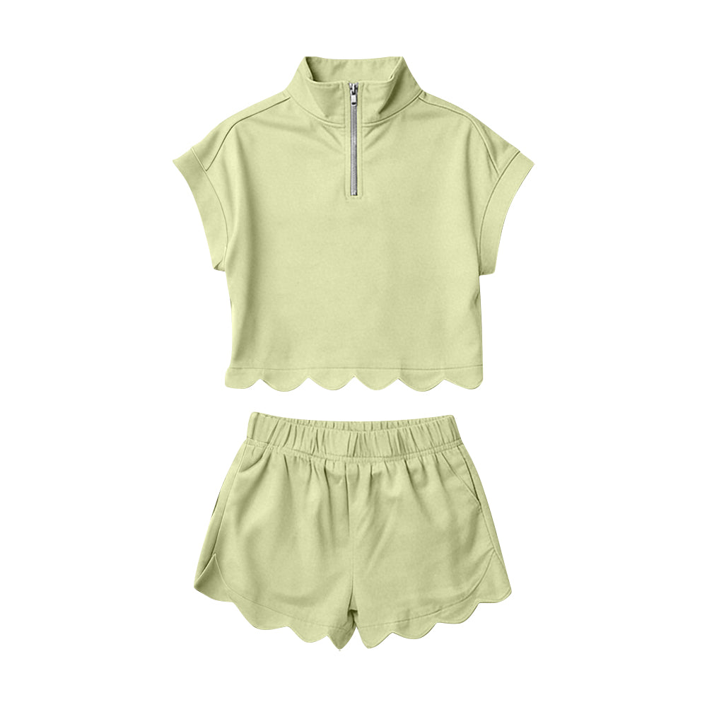 MOQ 5 PCS Preorder GSSO3375 Solid Light Green Zip Collar Short Sleeve Ruffle Shorts Girls Sets 202602