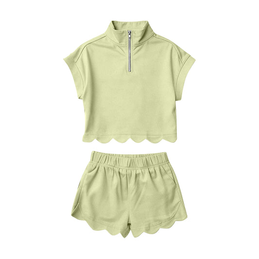 MOQ 5 PCS Preorder GSSO3375 Solid Light Green Zip Collar Short Sleeve Ruffle Shorts Girls Sets 202602