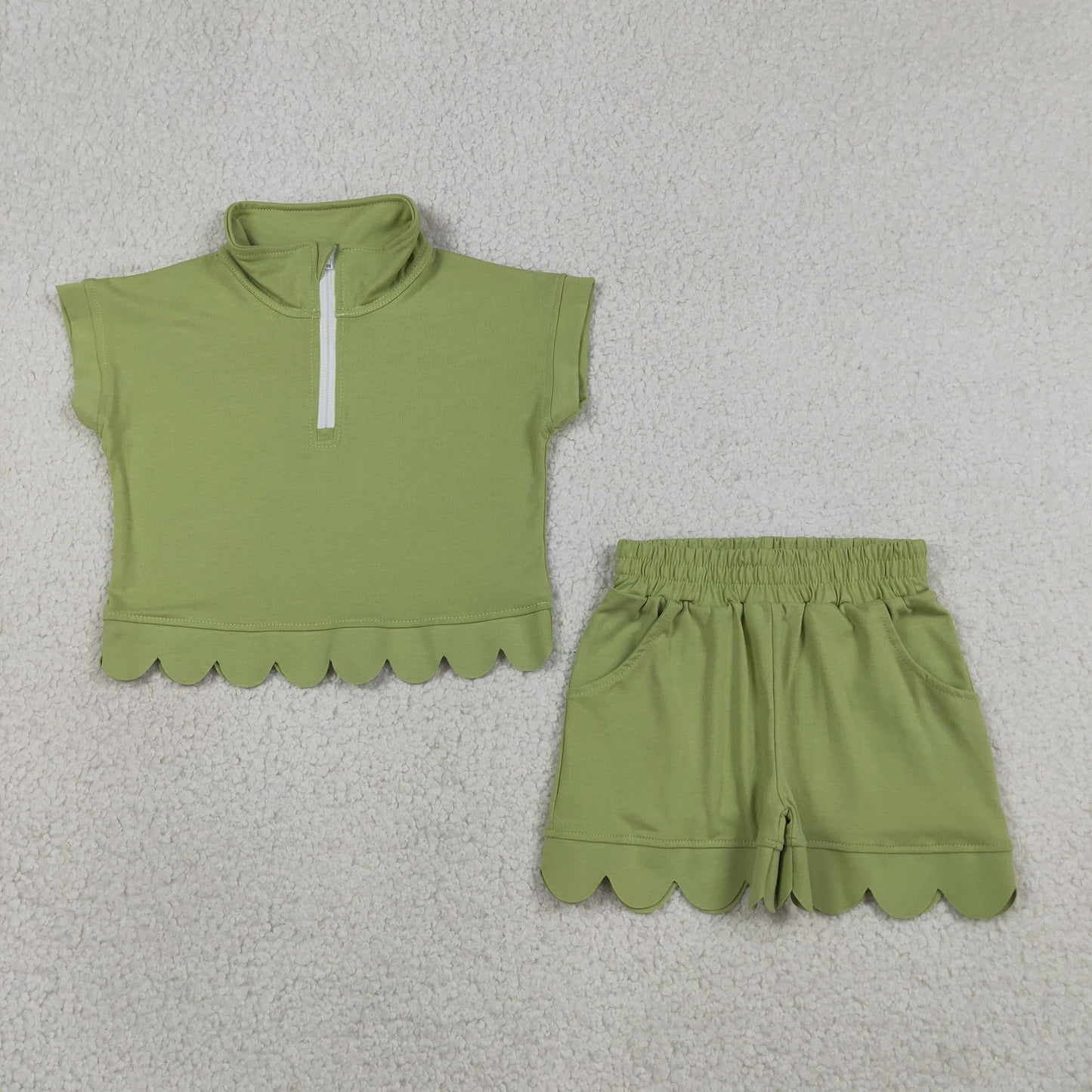GSSO3375 Solid Light Green Zip Collar Short Sleeve Ruffle Shorts Girls Sets 202605 RTS