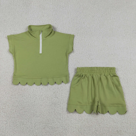 GSSO3375 Solid Light Green Zip Collar Short Sleeve Ruffle Shorts Girls Sets 202605 RTS