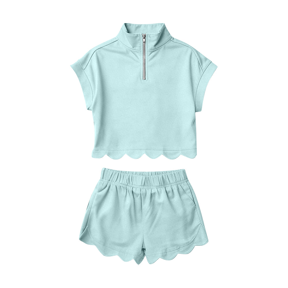 MOQ 5 PCS Preorder GSSO3376 Solid Light Blue Zip Collar Short Sleeve Ruffle Shorts Girls Sets 202602