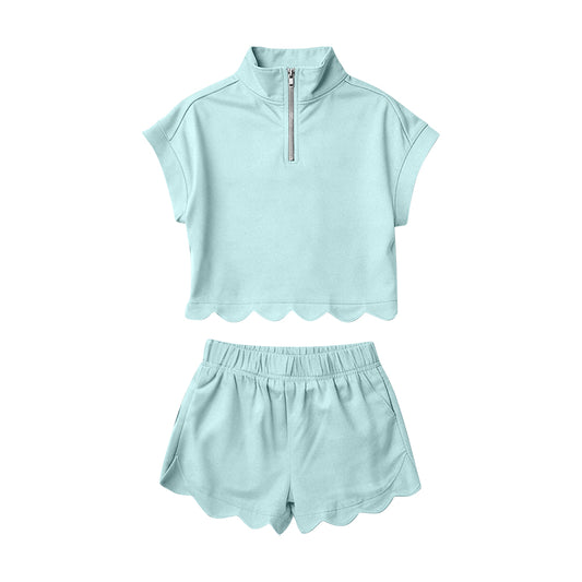 MOQ 5 PCS Preorder GSSO3376 Solid Light Blue Zip Collar Short Sleeve Ruffle Shorts Girls Sets 202602