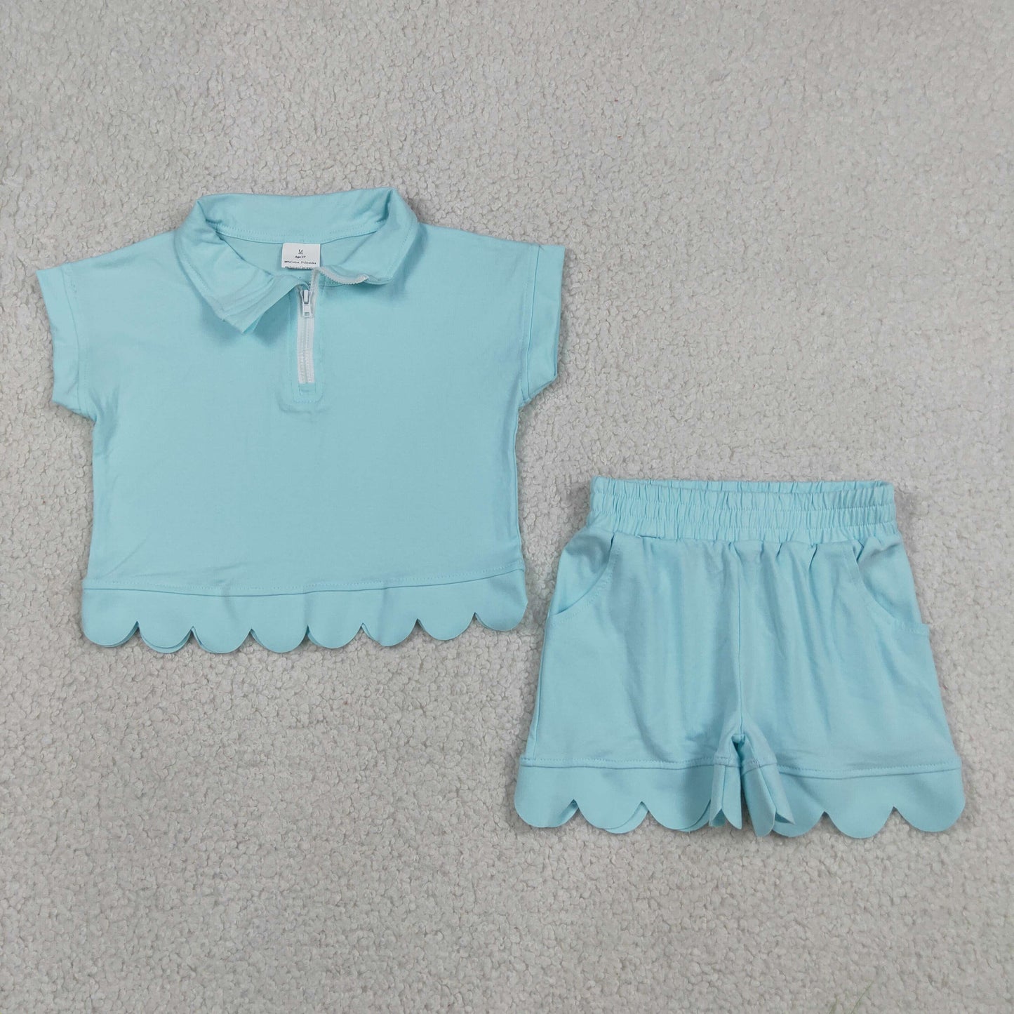 GSSO3376 Solid Light Blue Zip Collar Short Sleeve Ruffle Shorts Girls Sets 202605 RTS