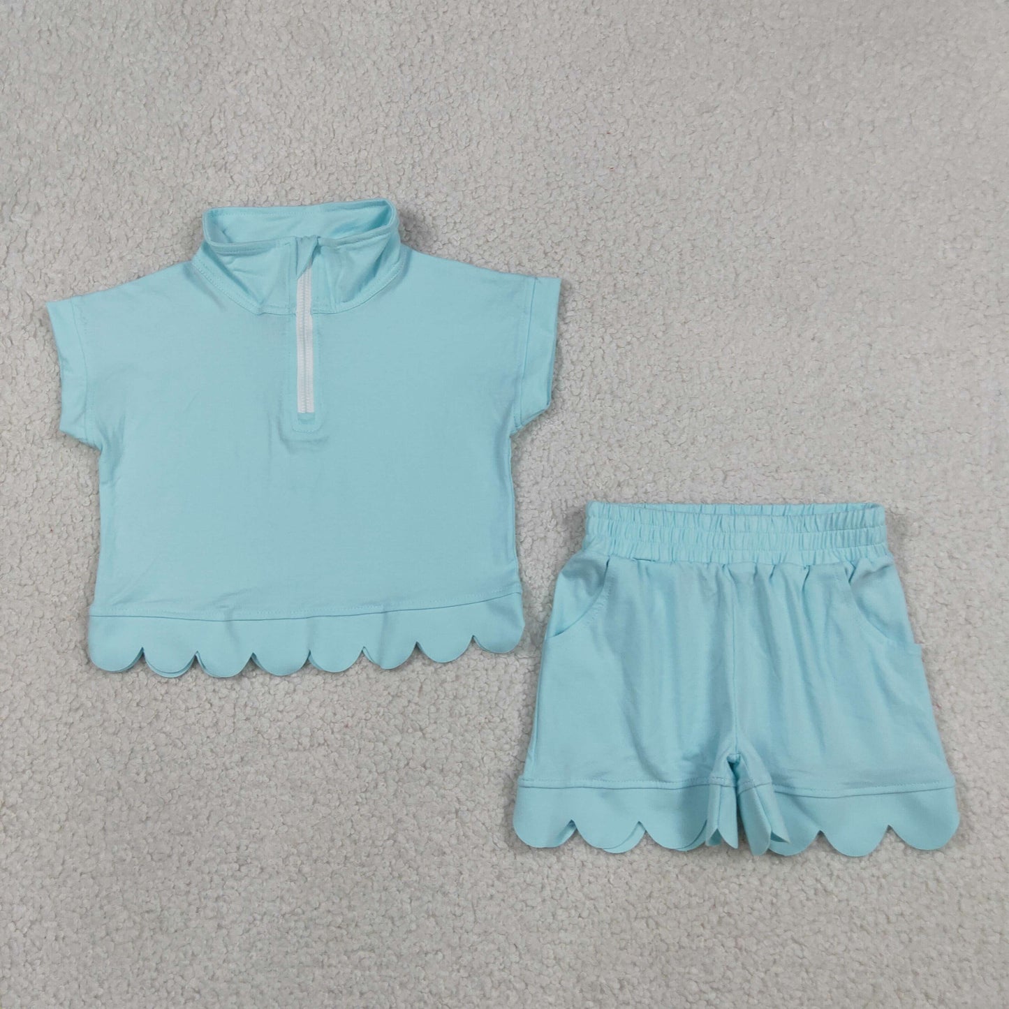 GSSO3376 Solid Light Blue Zip Collar Short Sleeve Ruffle Shorts Girls Sets 202605 RTS