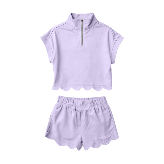 MOQ 5 PCS Preorder GSSO3377 Solid Light Purple Zip Collar Short Sleeve Ruffle Shorts Girls Sets 202602