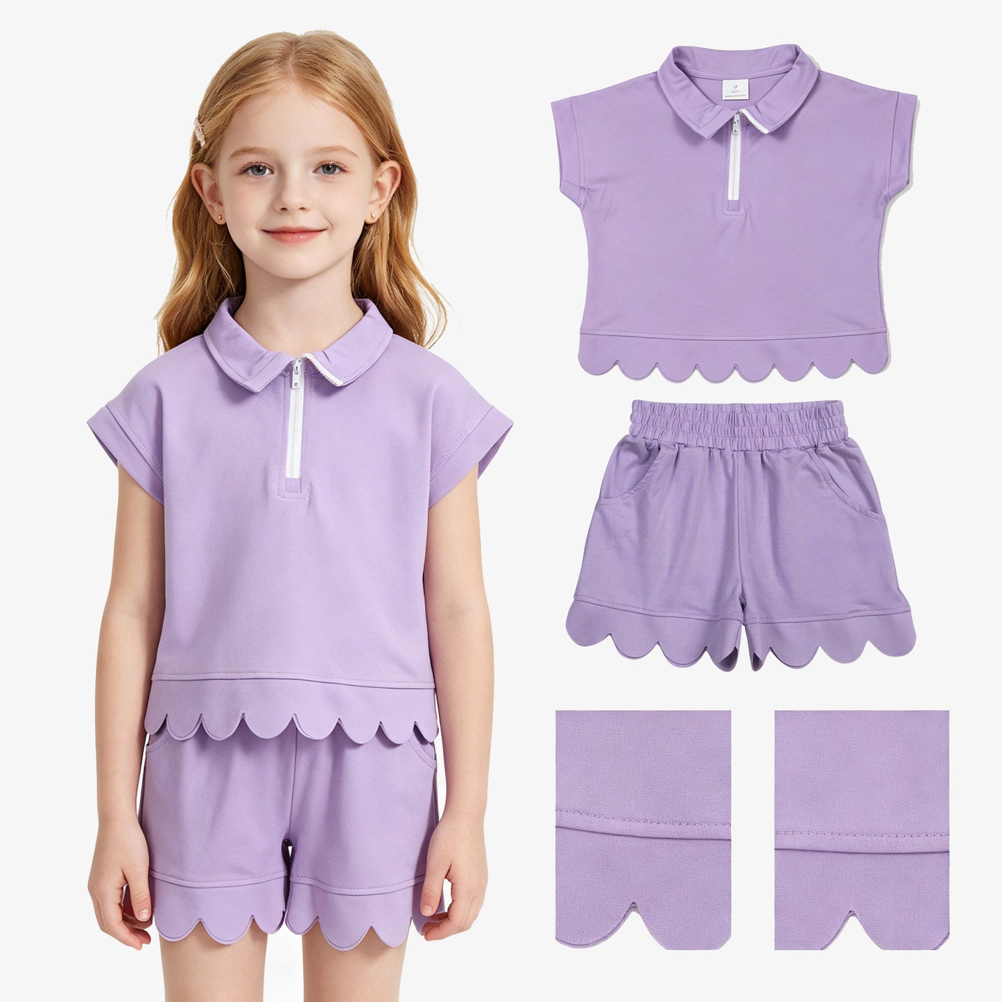GSSO3377 Solid Light Purple Zip Collar Short Sleeve Ruffle Shorts Girls Sets 202605 RTS