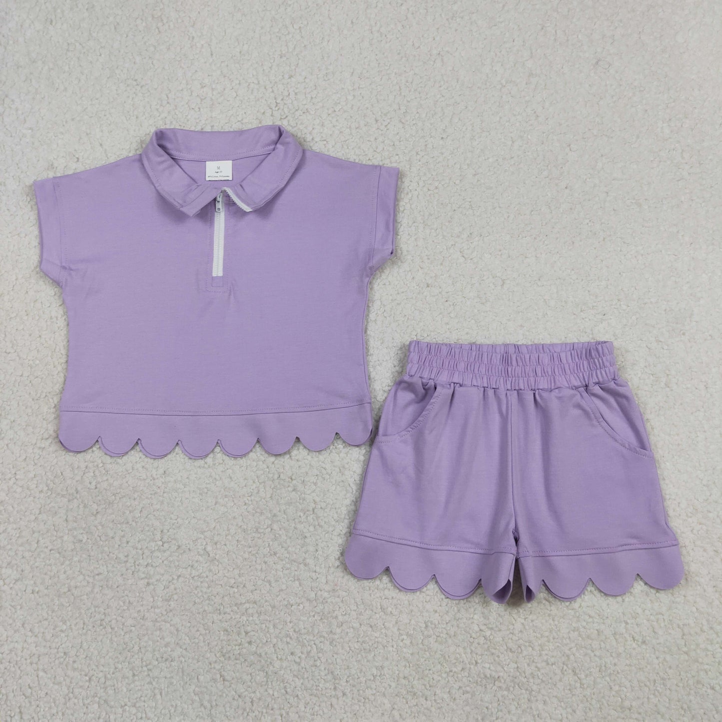 GSSO3377 Solid Light Purple Zip Collar Short Sleeve Ruffle Shorts Girls Sets 202605 RTS