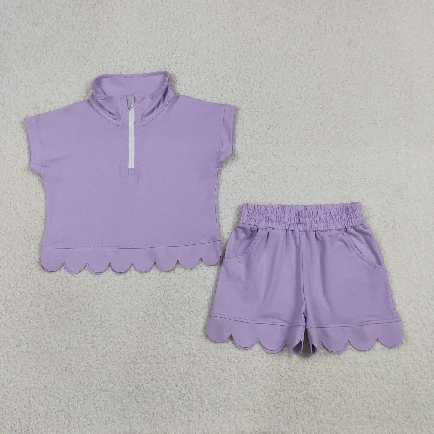 GSSO3377 Solid Light Purple Zip Collar Short Sleeve Ruffle Shorts Girls Sets 202605 RTS