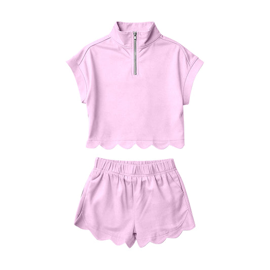 MOQ 5 PCS Preorder GSSO3378 Solid Light Pink Zip Collar Short Sleeve Ruffle Shorts Girls Sets 202602