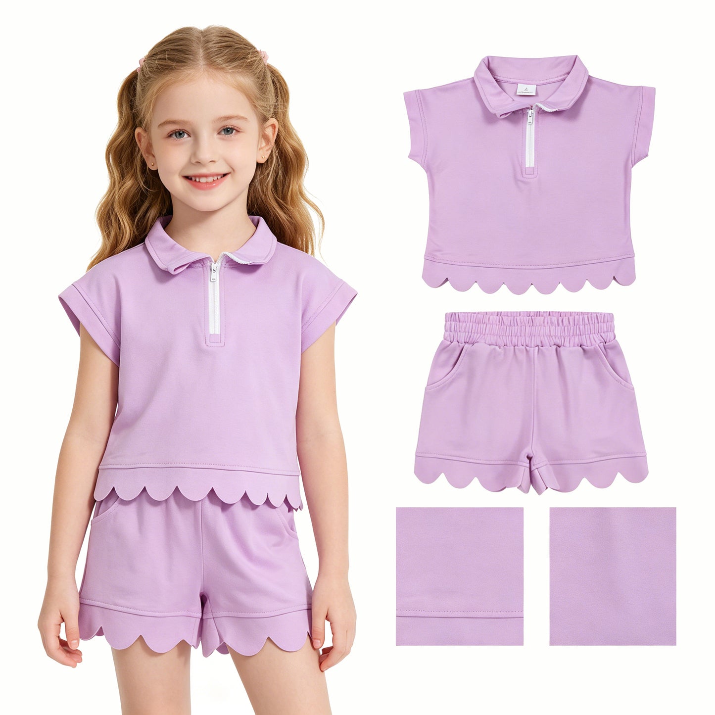 GSSO3378 Solid Pink Purple Zip Collar Short Sleeve Ruffle Shorts Girls Sets 202605 RTS