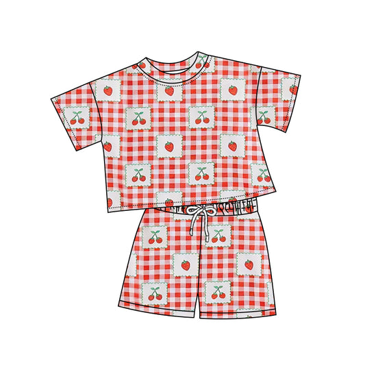 MOQ 5 PCS Preorder GSSO3380 Strawberry Cherry Red Plaid Short Sleeve Shorts Girls Sets 202602