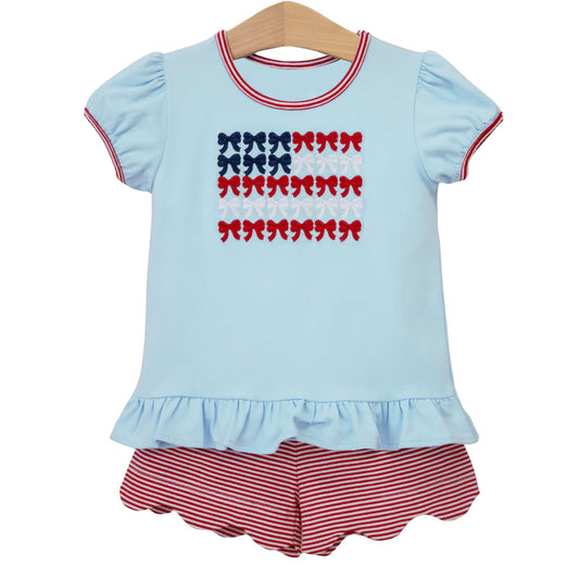 MOQ 5 PCS Preorder GSSO3384 4th of July Flag Bows Blue Short Sleeve Red Stripe Ruffle Shorts Girls Sets 202602