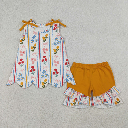 GSSO3388 Flower Bows Orange Stripe Sleeveless Ruffle Shorts Girls Sets 202603 RTS
