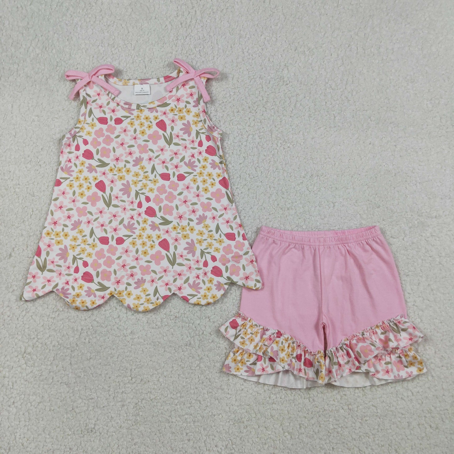GSSO3389 Flower Pink Bows Wave Ruffle Sleeveless Shorts Girls Sets 202603 RTS