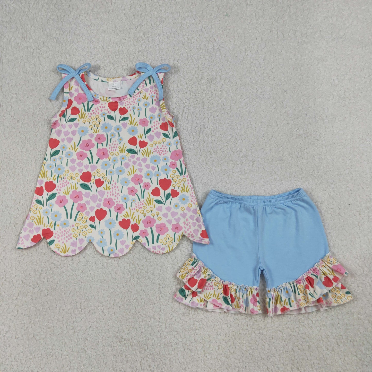 GSSO3390 Flower Blue Bows Sleeveless Ruffle Shorts Girls Sets 202604 RTS