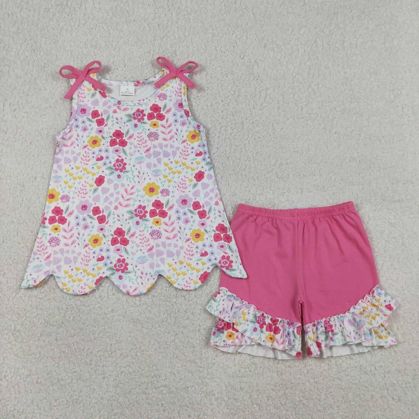 GSSO3391 Flower Leaf Rose Red Bows Sleeveless Ruffle Shorts Girls Sets 202603 RTS