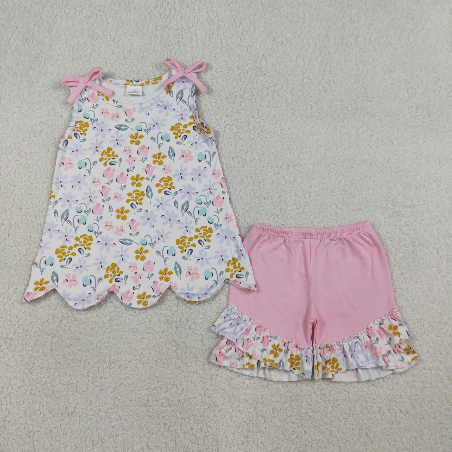 GSSO3392 Flower Leaf Pink Bows Sleeveless Ruffle Shorts Girls Sets 202603 RTS