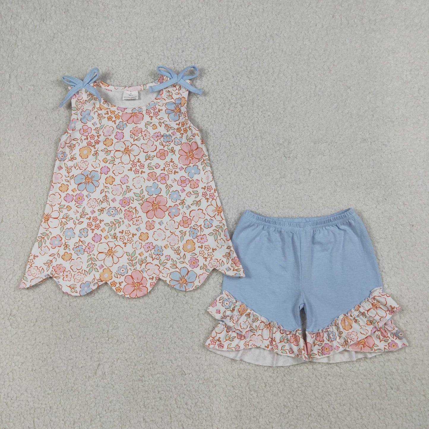 GSSO3393 Flower Leaf Blue Purple Bows Sleeveless Ruffle Shorts Girls Sets 202604 RTS
