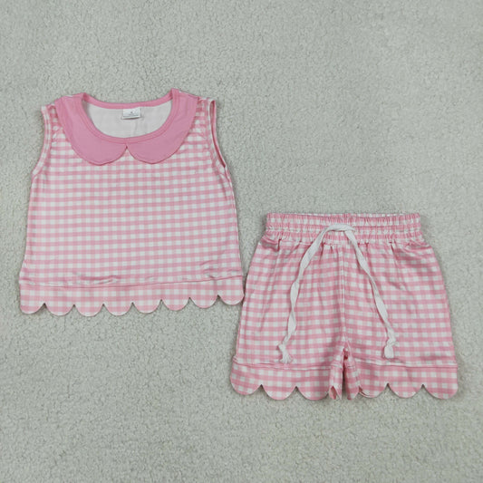 GSSO3394 Pink Plaid Doll Collar Sleeveless Shorts Girls Sets 202605 RTS