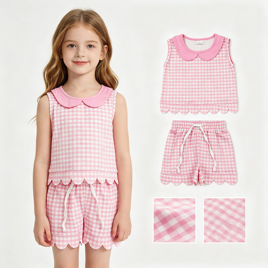 GSSO3394 Pink Plaid Doll Collar Sleeveless Shorts Girls Sets 202605 RTS
