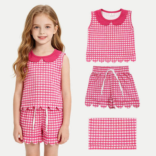 GSSO3395 Rose Red Plaid Doll Collar Sleeveless Shorts Girls Sets 202605 RTS