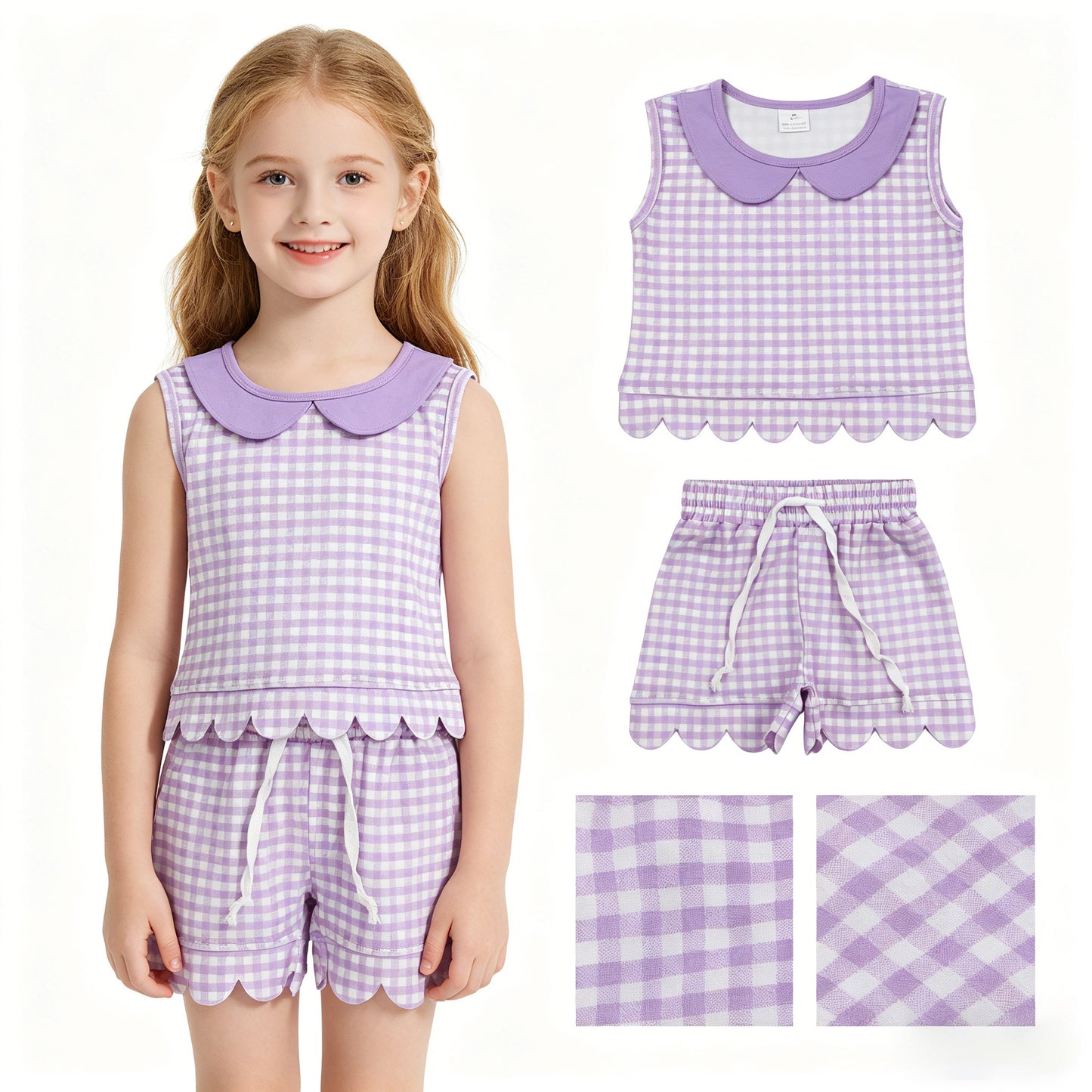 GSSO3396 Light Purple Plaid Doll Collar Sleeveless Shorts Girls Sets 202605 RTS