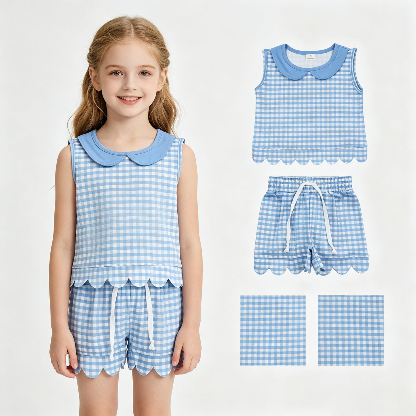 GSSO3397 Light Blue Plaid Doll Collar Sleeveless Shorts Girls Sets 202605 RTS