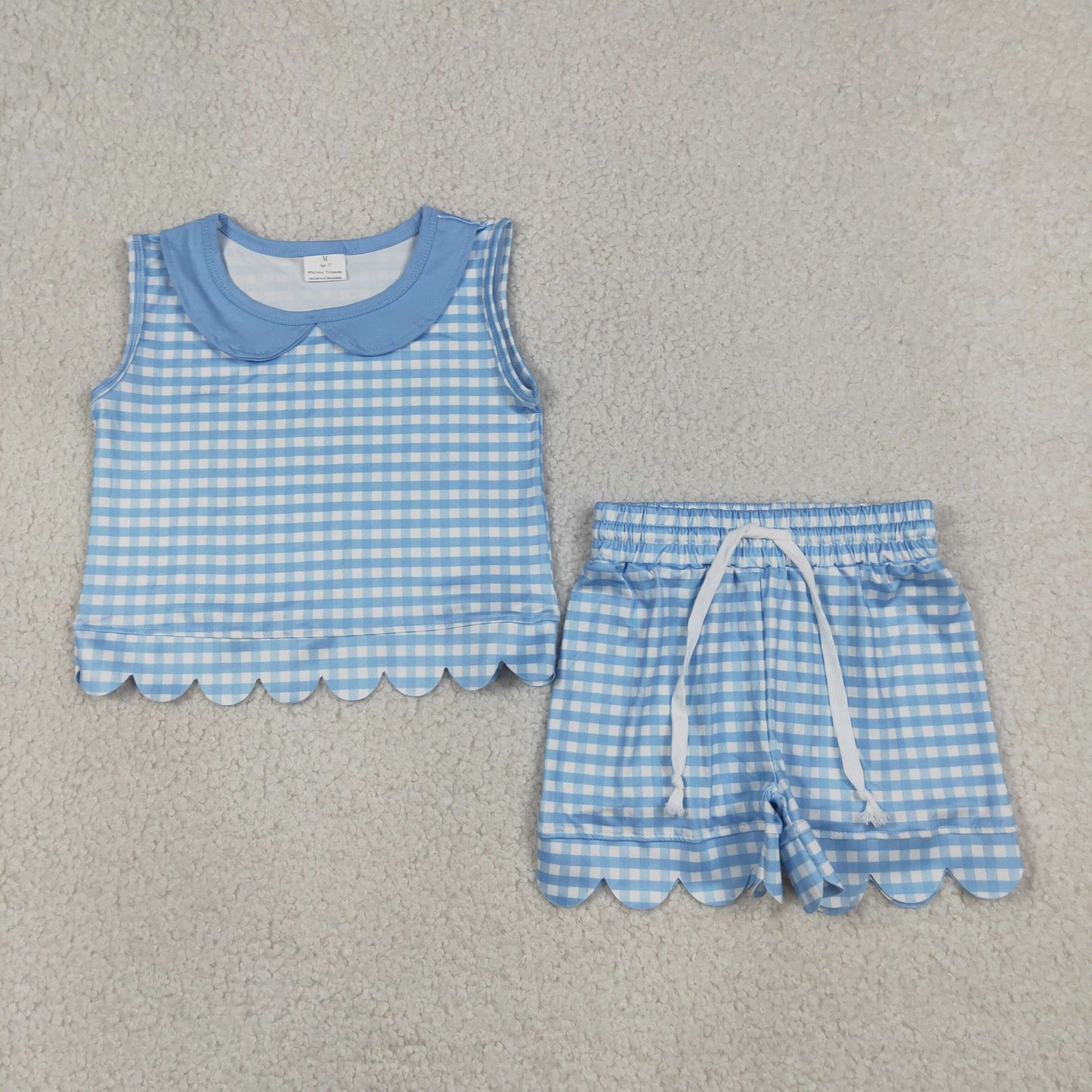 GSSO3397 Light Blue Plaid Doll Collar Sleeveless Shorts Girls Sets 202605 RTS