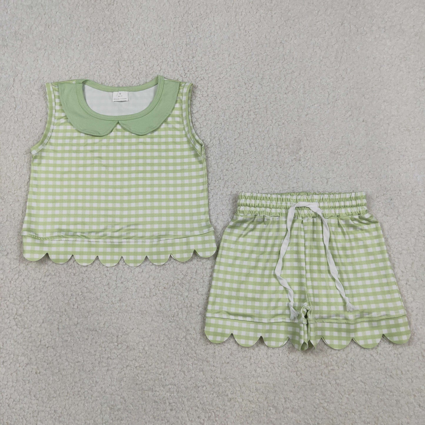 GSSO3398 Light Green Plaid Doll Collar Sleeveless Shorts Girls Sets 202605 RTS