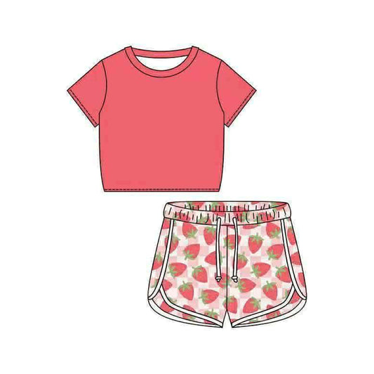 MOQ 5 PCS Preorder GSSO3399 Solid Pink Red Short Sleeve Strawberry Pattern Plaid Shorts Girls Sets 202602