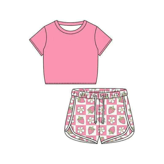 MOQ 5 PCS Preorder GSSO3400 Solid Pink Short Sleeve Strawberry Flower Pattern Plaid Shorts Girls Sets 202602