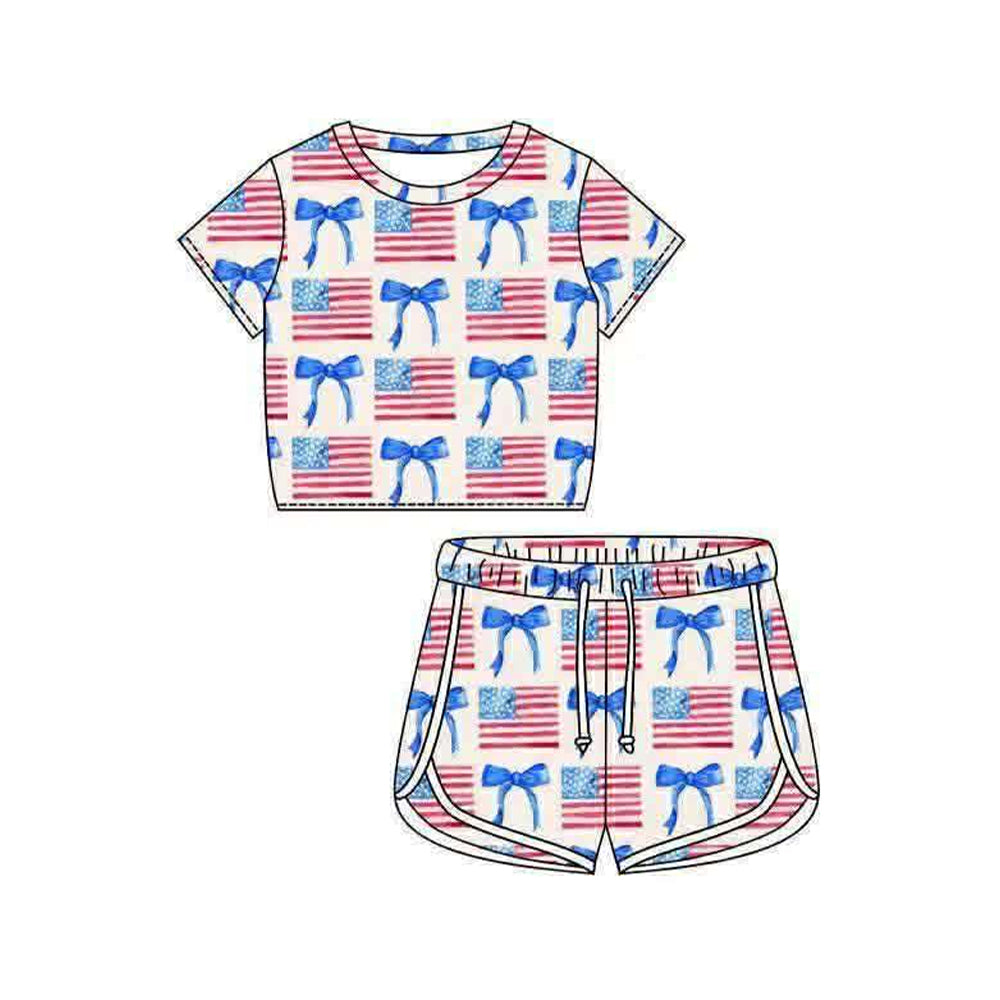 MOQ 5 PCS Preorder GSSO3402 4th of July Flag Bows Short Sleeve Shorts Girls Sets 202602