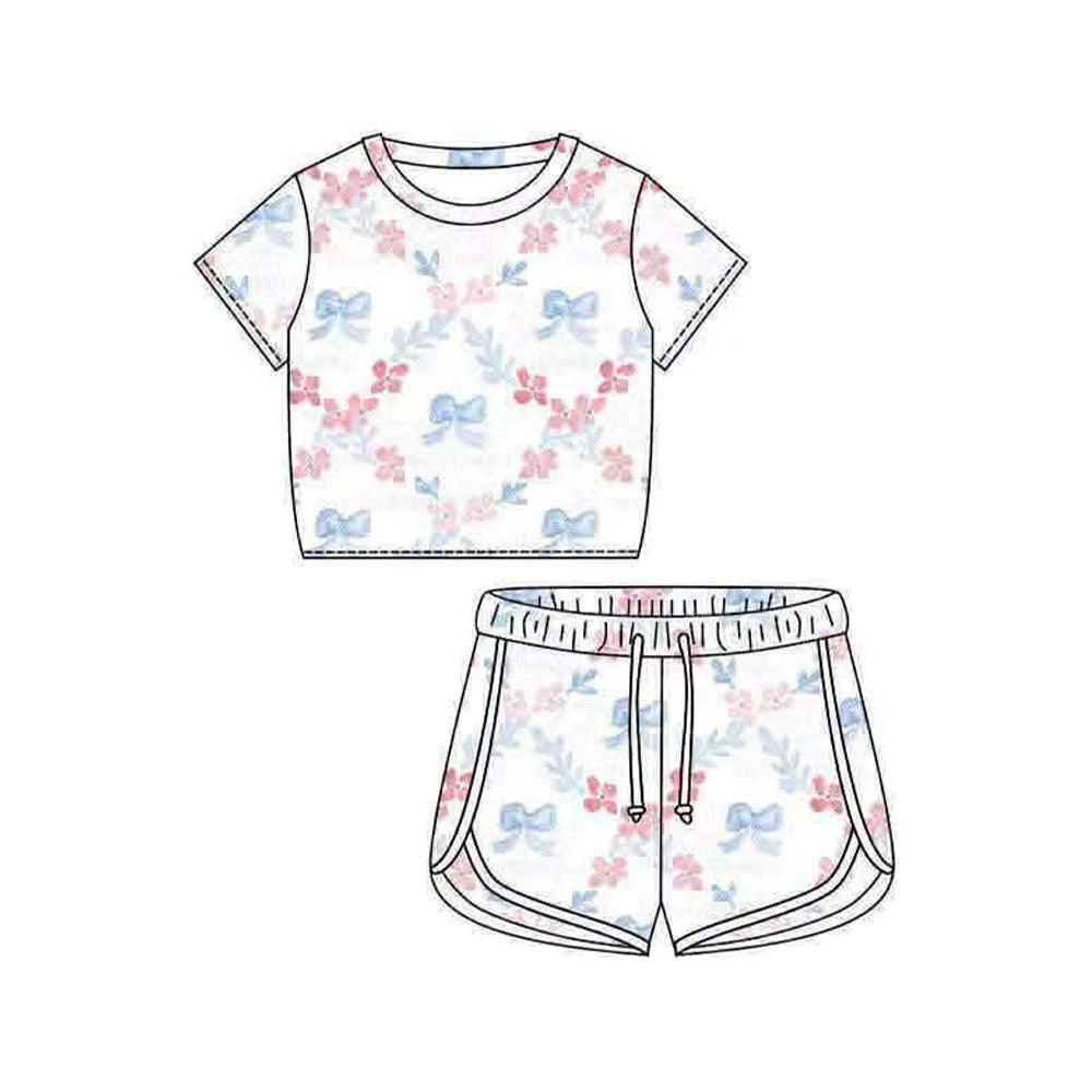 MOQ 5 PCS Preorder GSSO3403 Flower Bows White Short Sleeve Shorts Girls Sets 202602