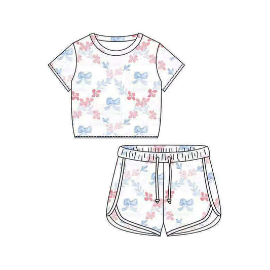 MOQ 5 PCS Preorder GSSO3403 Flower Bows White Short Sleeve Shorts Girls Sets 202602