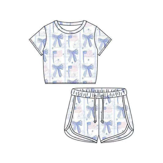 MOQ 5 PCS Preorder GSSO3404 4th of July Flag Bows White Short Sleeve Shorts Girls Sets 202602