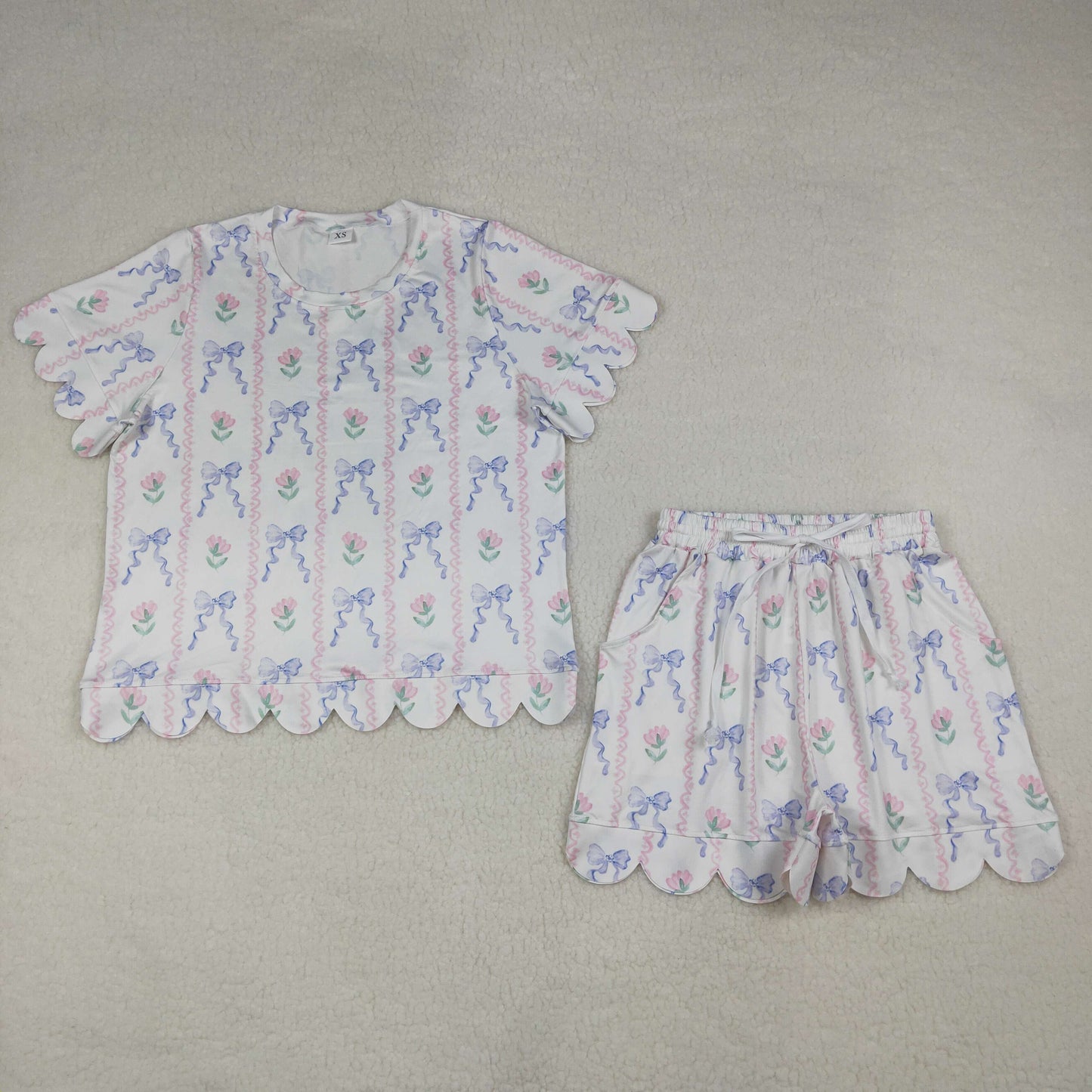 GSSO3405 Adult Female Flower Bows Ruffle Short Sleeve Shorts Sets 202604 RTS