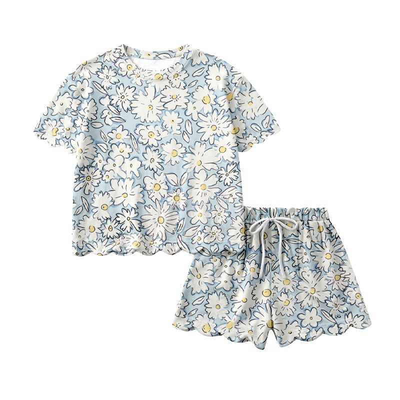 MOQ 30 PCS preorder GSSO3406 Adult Female Flower Light Blue Ruffle Short Sleeve Shorts Sets 202602