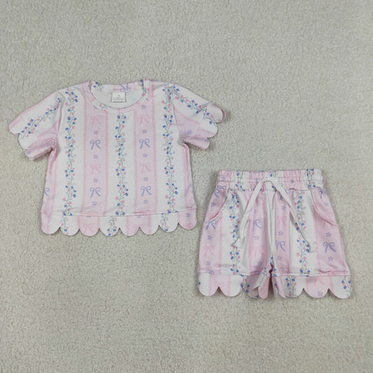 GSSO3410 Flower Bows Pink Ruffle Short Sleeve Shorts Girls Sets 202604 RTS