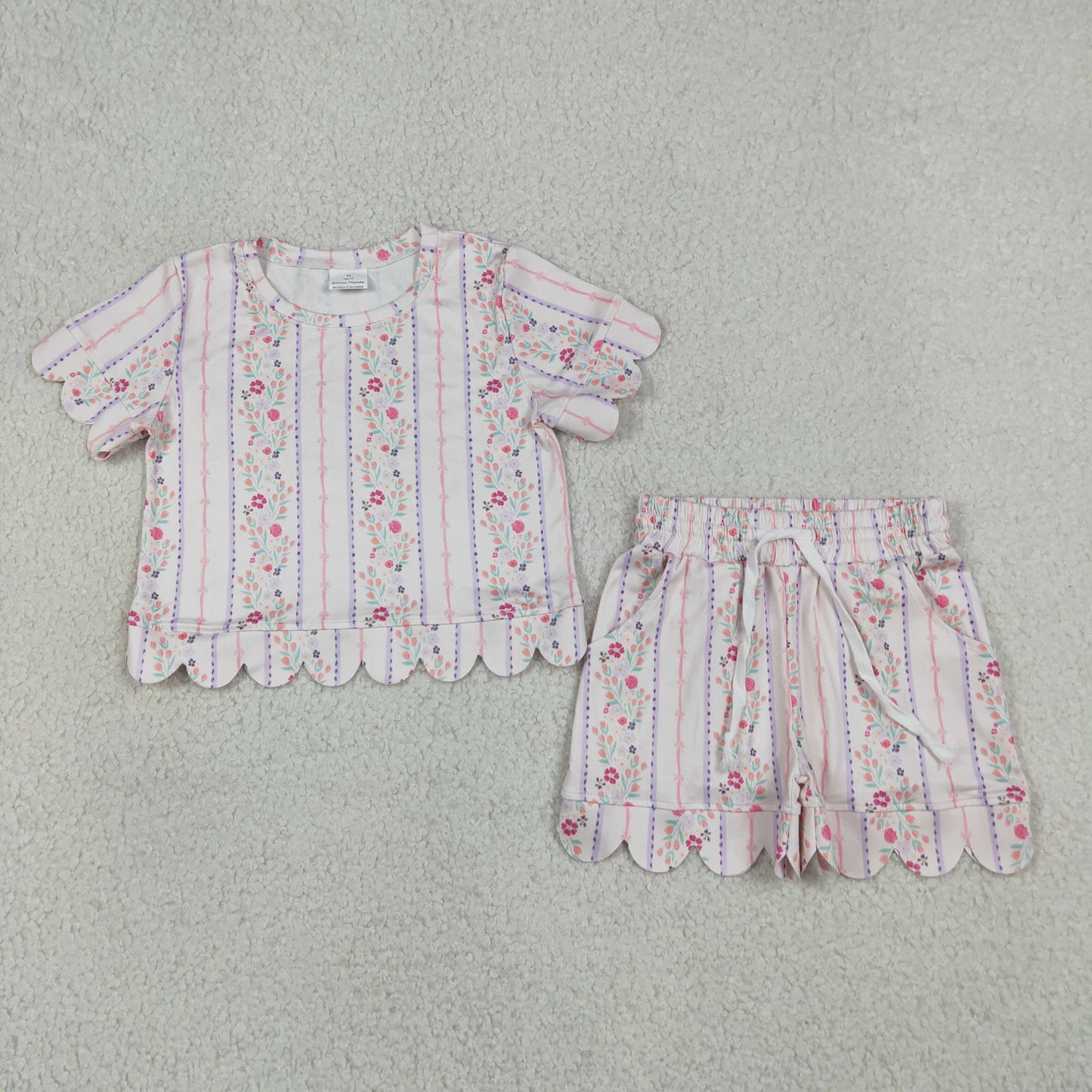 GSSO3411 Flower Leaf Pink Purple Stripe Ruffle Short Sleeve Shorts Girls Sets 202605 RTS