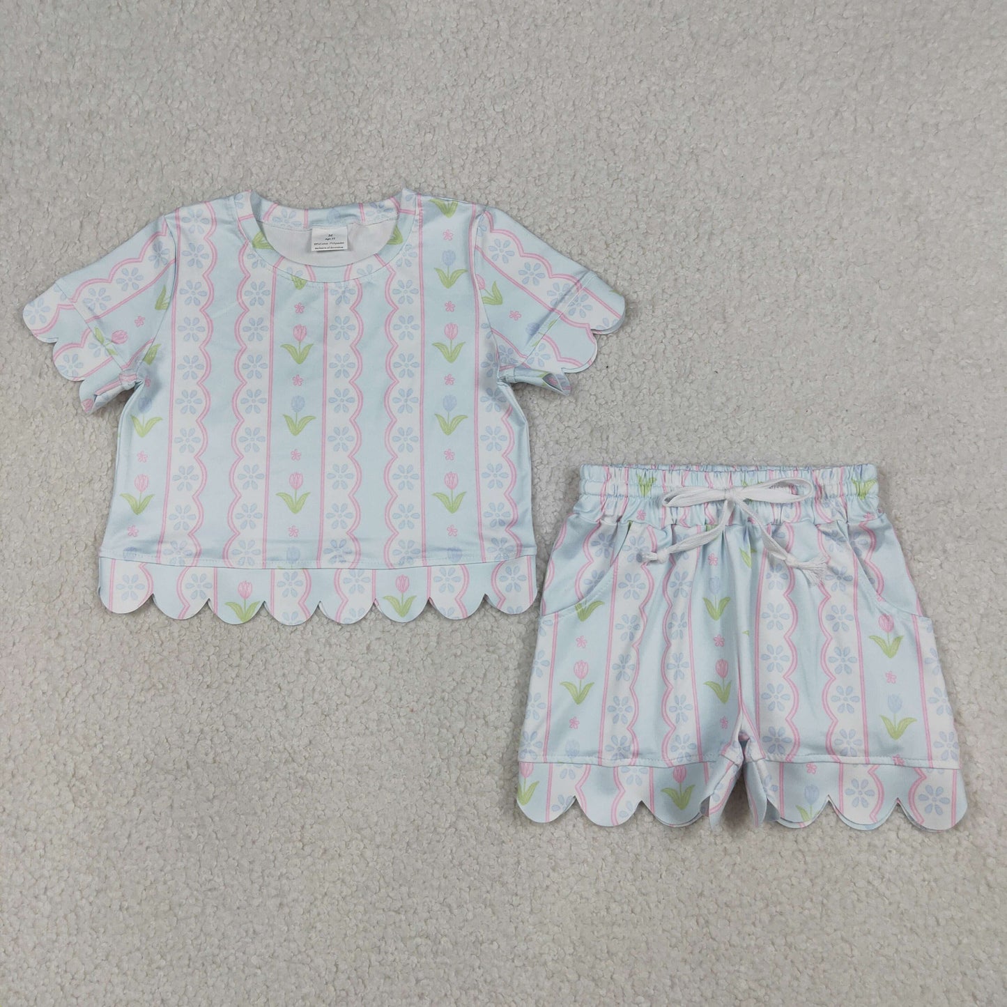 GSSO3412 Flower Leaf Pink Stripe Light Blue Ruffle Short Sleeve Shorts Girls Sets 202604 RTS