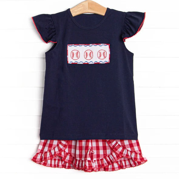 MOQ 5 PCS Preorder GSSO3413 Baseball Navy Flying Sleeve Red Plaid Shorts Girls Sets 202602